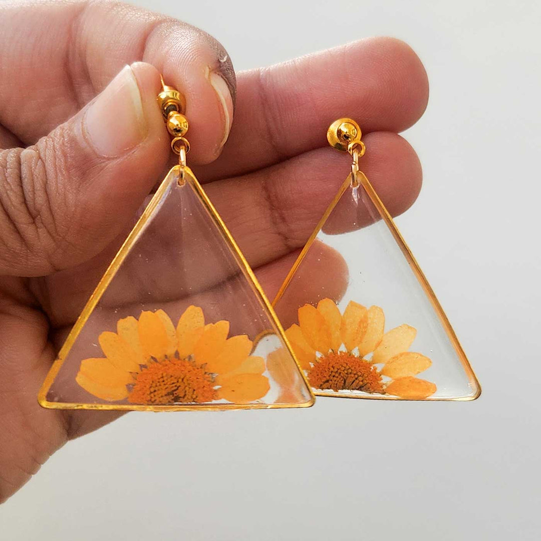 Handmade Pressed Flower Art Orange Resin Earrings