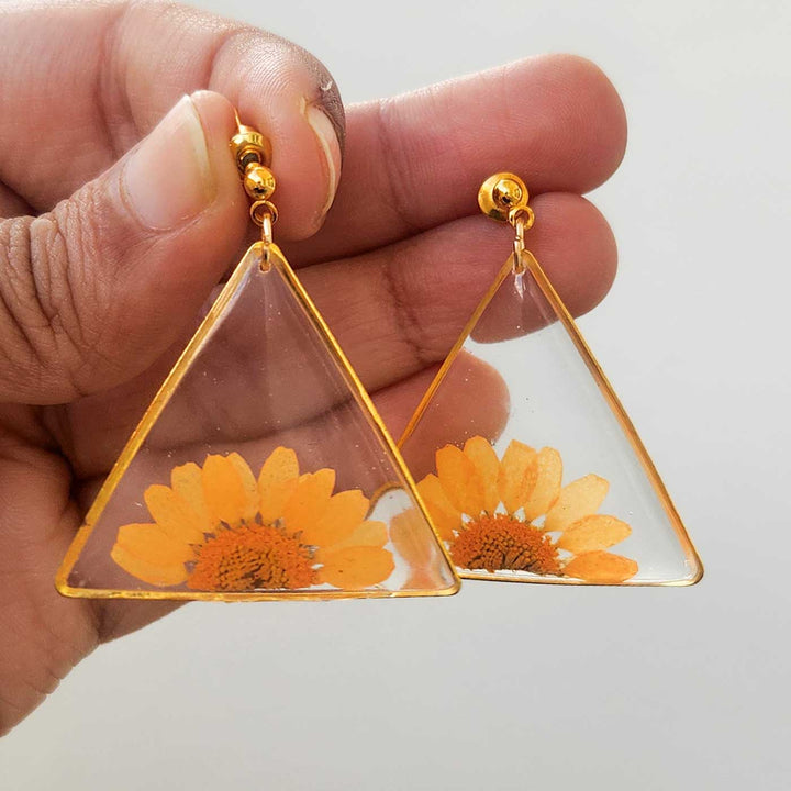 Handmade Pressed Flower Art Orange Resin Earrings