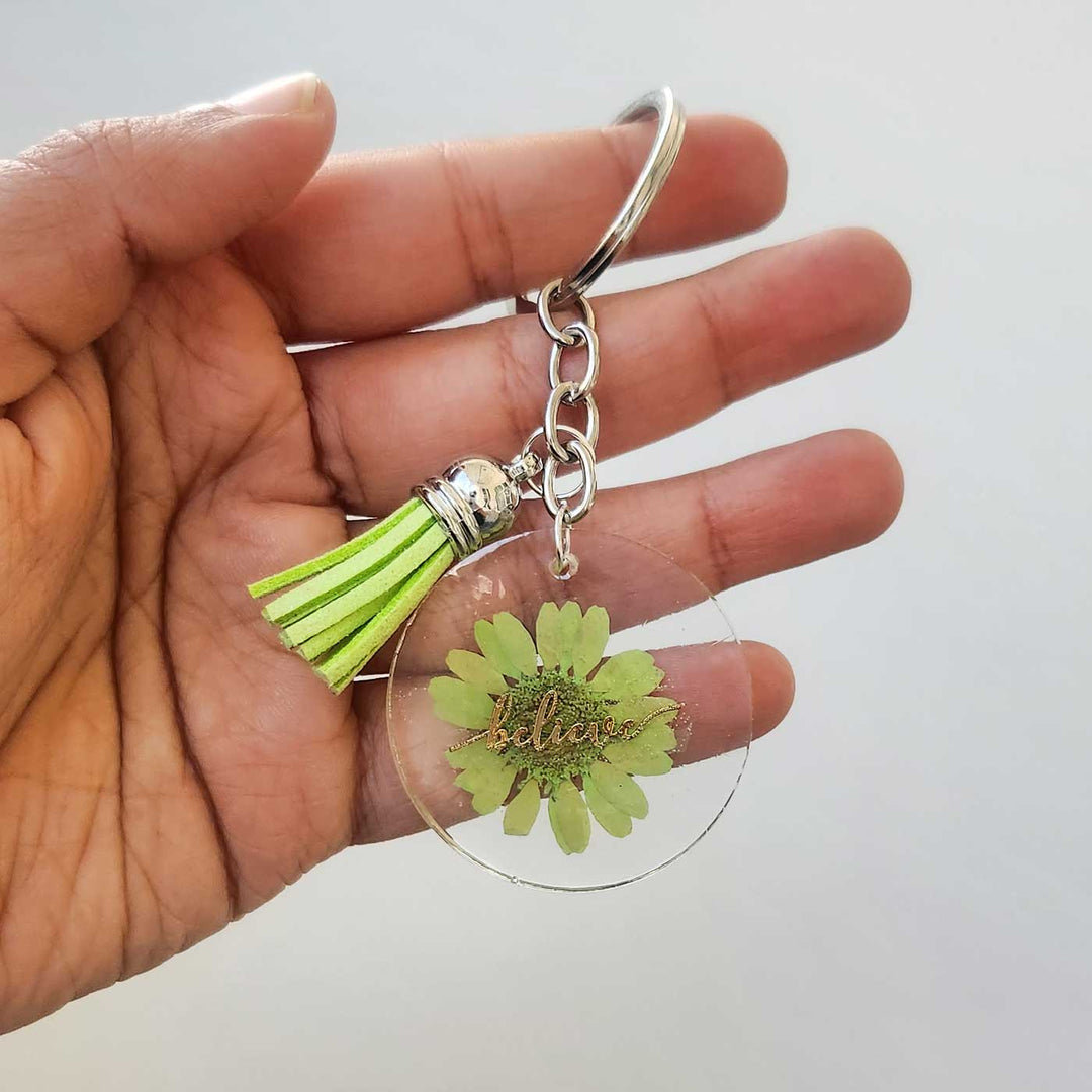 Handmade Pressed Flower Art Lime Resin Keychain