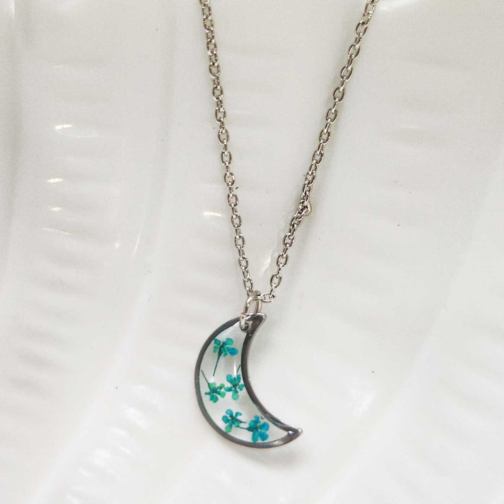Handmade Pressed Flower Art Blue Resin Moon Shaped Necklace