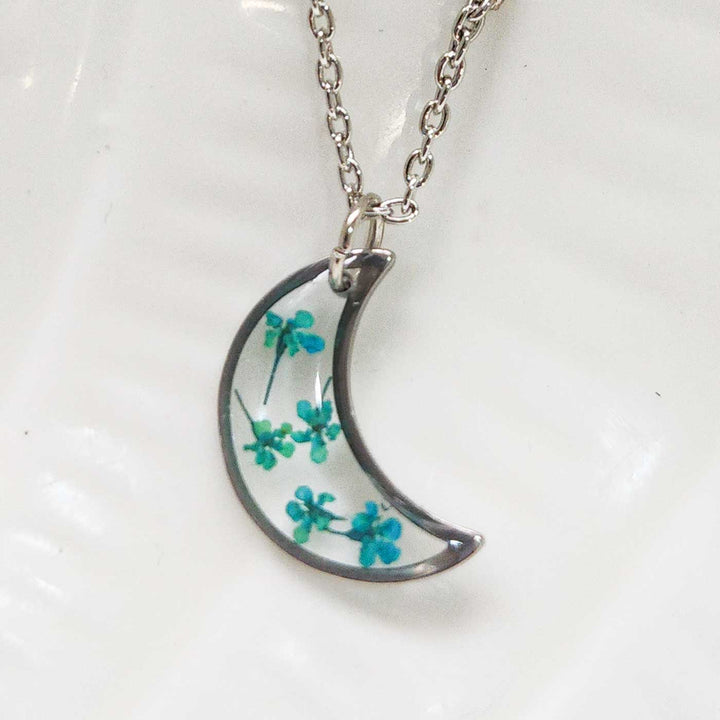 Handmade Pressed Flower Art Blue Resin Moon Shaped Necklace