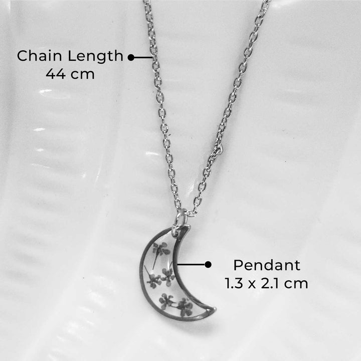 Handmade Pressed Flower Art Blue Resin Moon Shaped Necklace