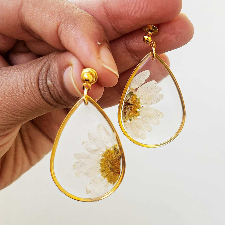 Handmade Pressed Flower Art White Daisy Resin Earrings