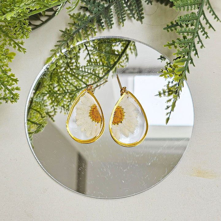 Handmade Pressed Flower Art White Daisy Resin Earrings