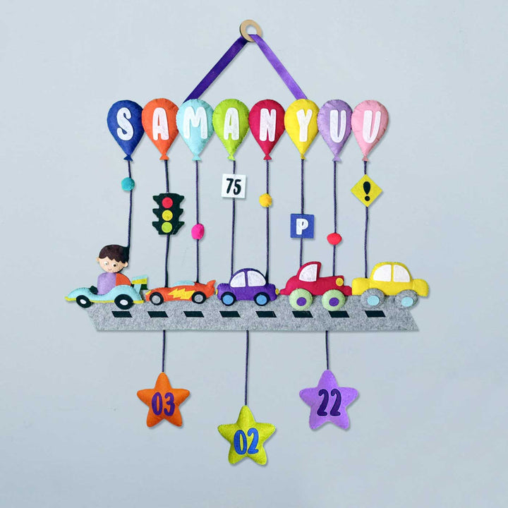 Handcrafted Personalized Car Balloon Themed Felt Name Plate For Kids - Front View Hanging on Wall