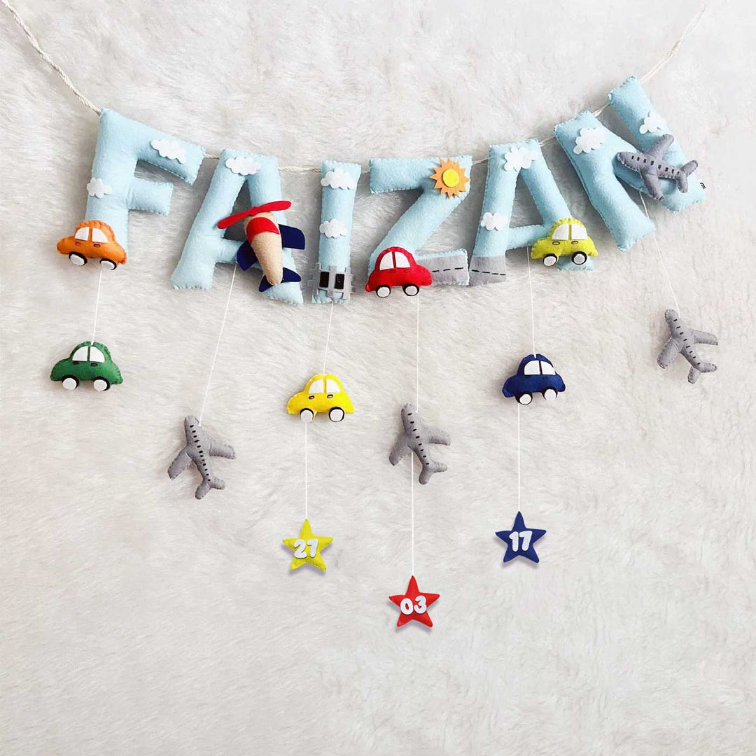 Handcrafted Personalized Cars Theme Bunting For Kids - Hanging Name Garland Front View