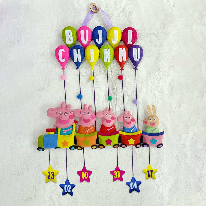 Handcrafted Personalized Felt Name Plate for Siblings | Peppa Train with Balloons