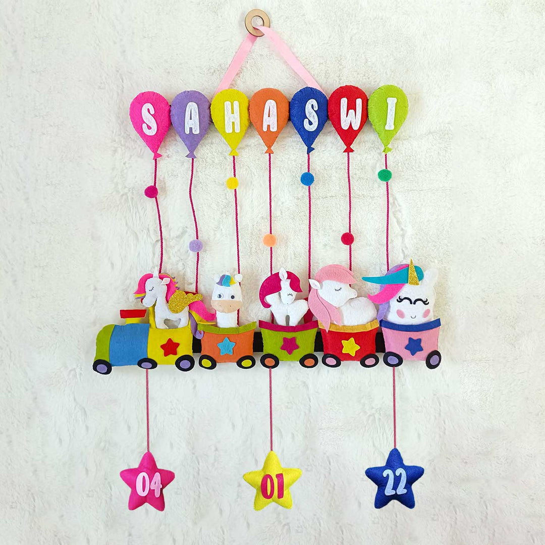Handcrafted Personalized Felt Name Plate for Siblings | Unicorn Train with Balloons