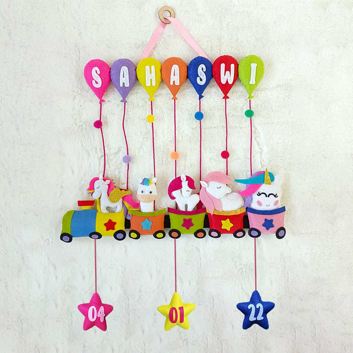 Handcrafted Personalized Felt Name Plate for Siblings | Unicorn Train with Balloons