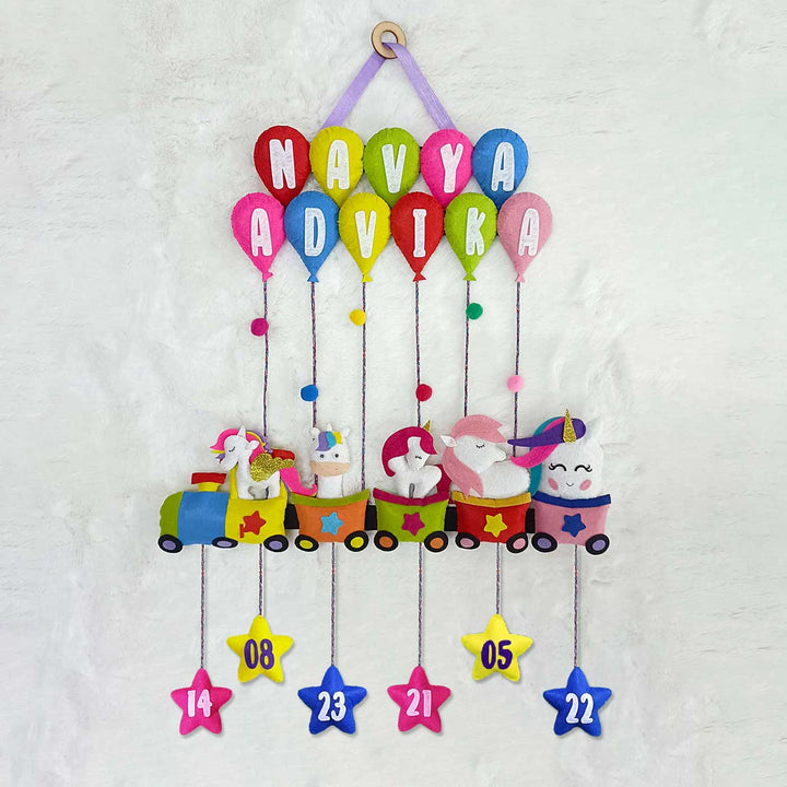 Handcrafted Personalized Felt Name Plate for Siblings | Unicorn Train with Balloons