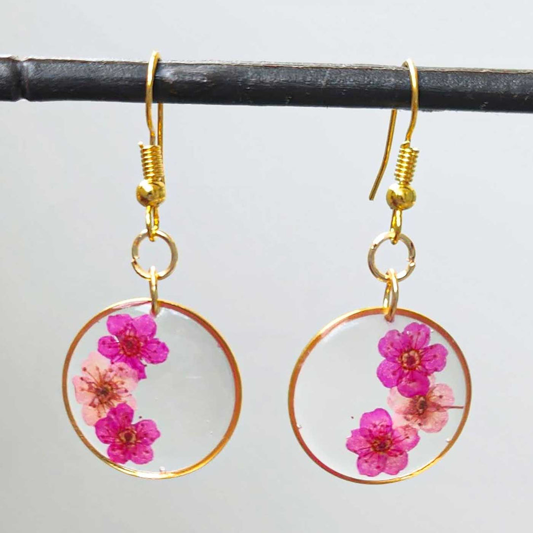 Handmade Pressed Flower Art Pink Resin Earrings