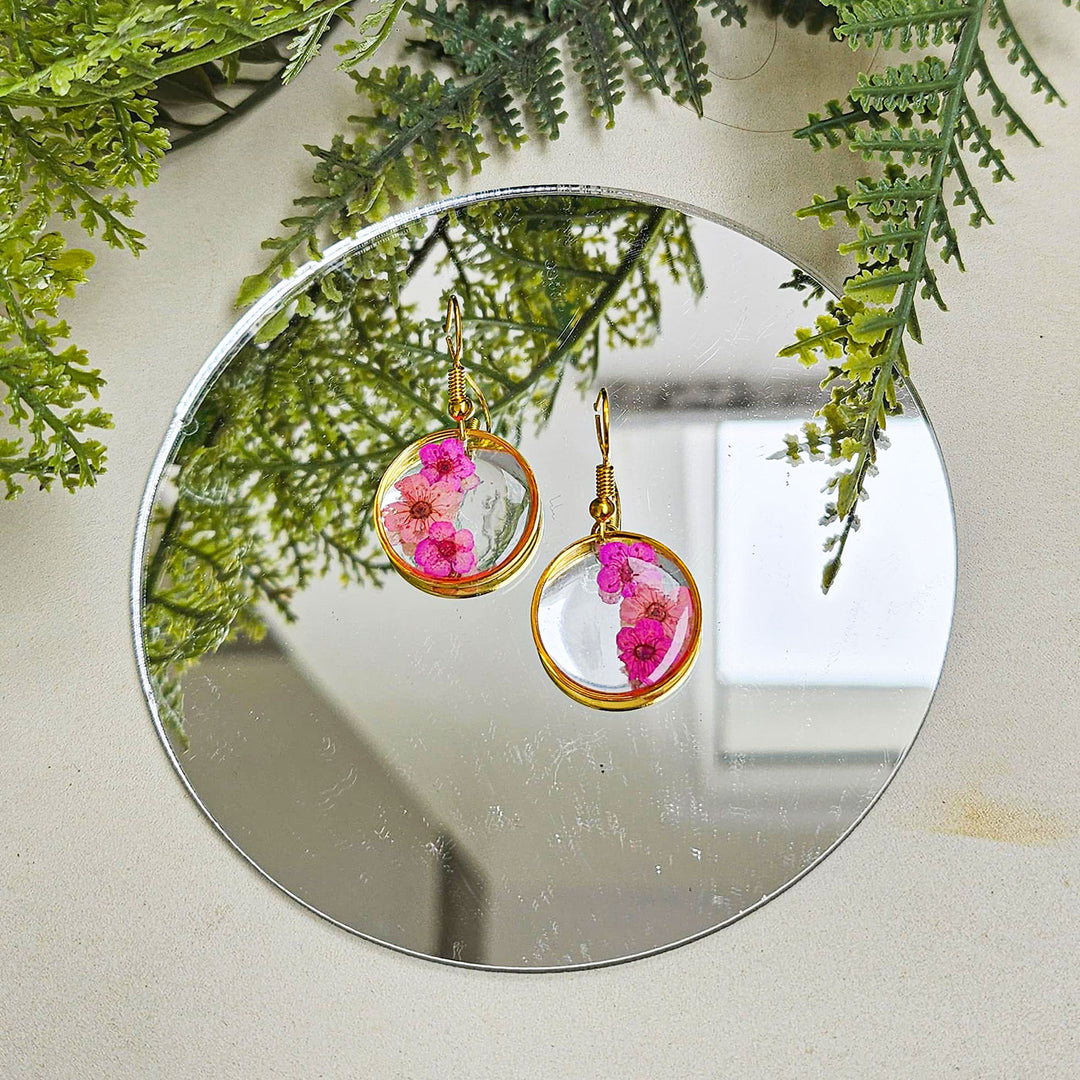 Handmade Pressed Flower Art Pink Resin Earrings