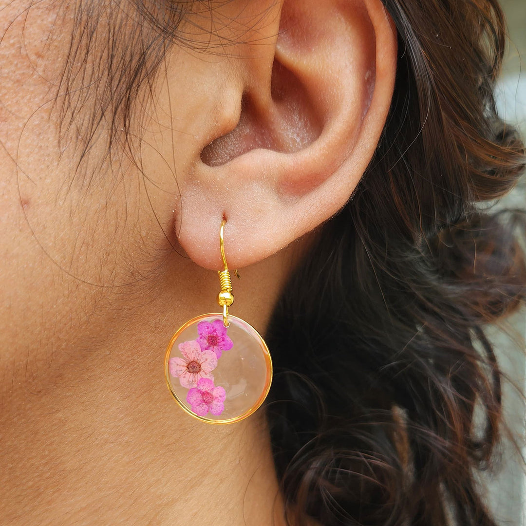 Handmade Pressed Flower Art Pink Resin Earrings