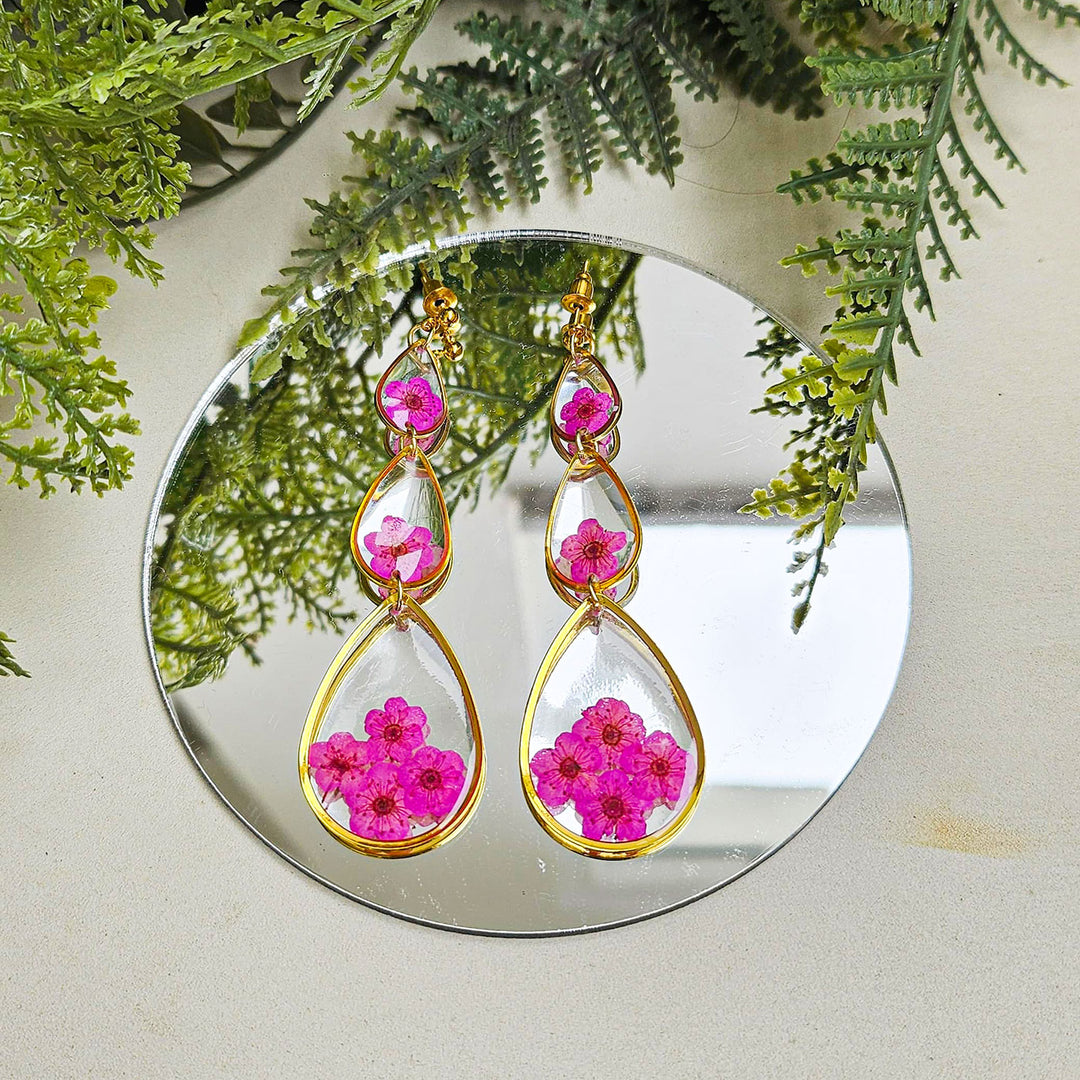Handmade Pressed Flower Art Pink Paradise Resin Earrings
