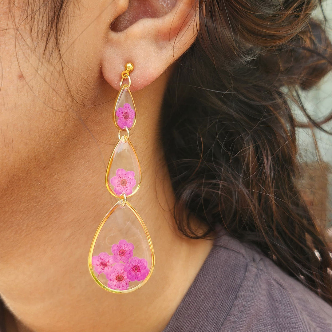 Handmade Pressed Flower Art Pink Paradise Resin Earrings