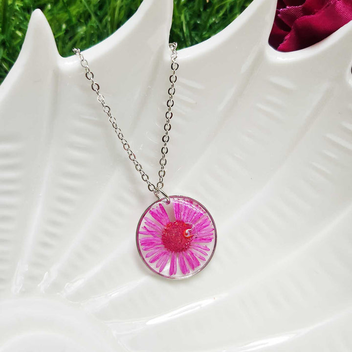 Handmade Pressed Flower Art Pink Resin Necklace