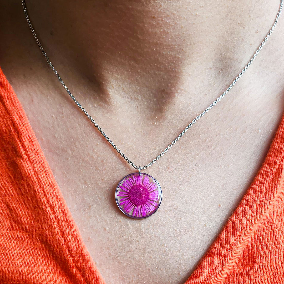 Handmade Pressed Flower Art Pink Resin Necklace