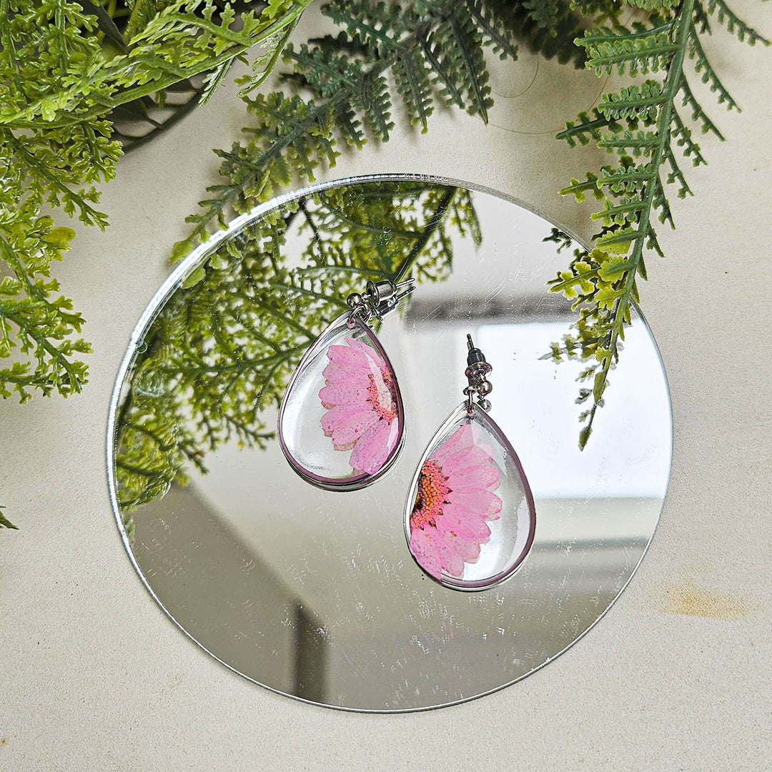 Handmade Pressed Flower Art Pink Whisper Resin Earrings