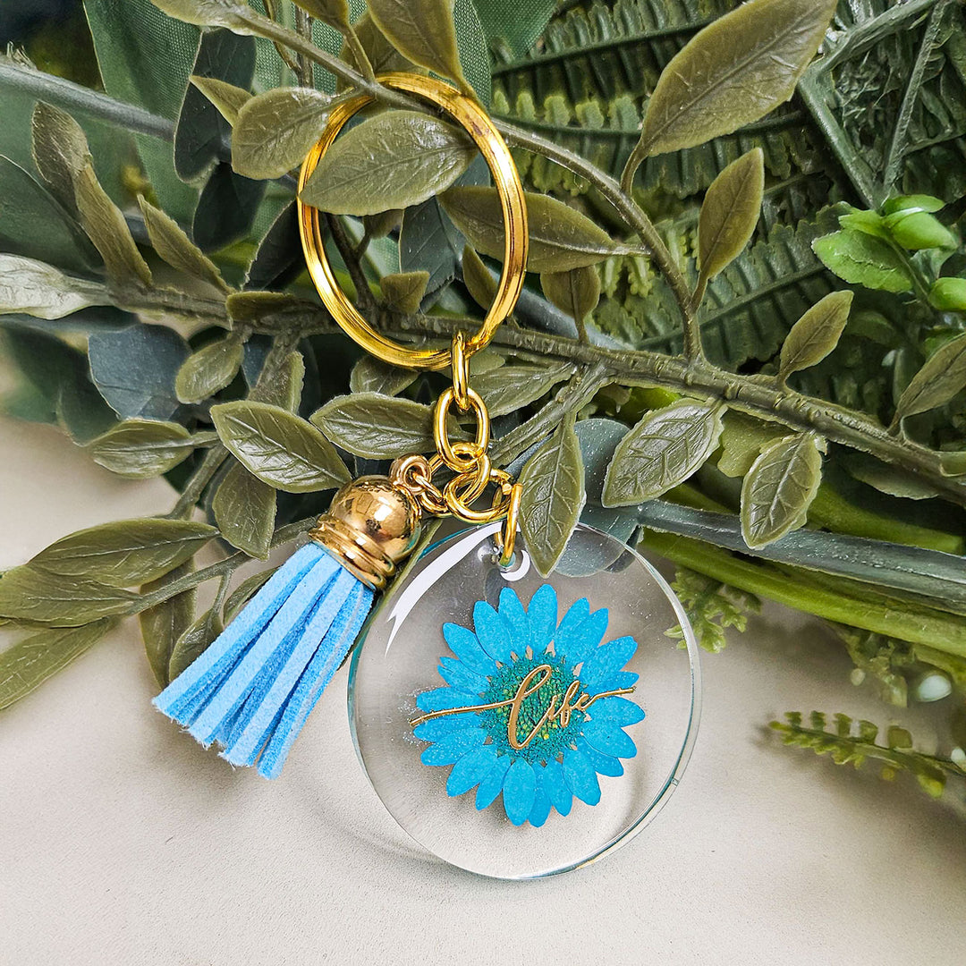 Handmade Pressed Flower Art Blue Resin Keychain