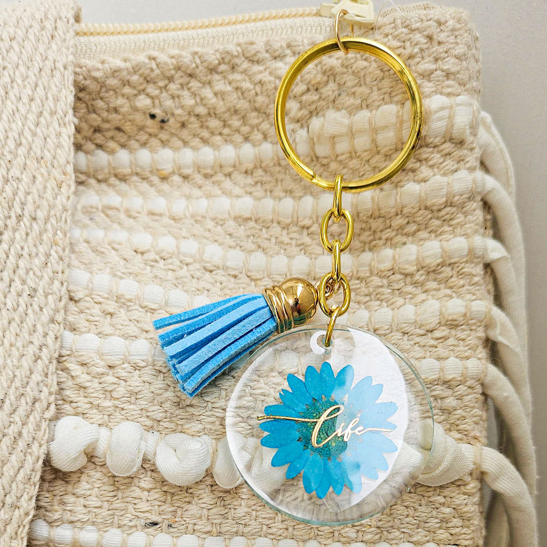 Handmade Pressed Flower Art Blue Resin Keychain