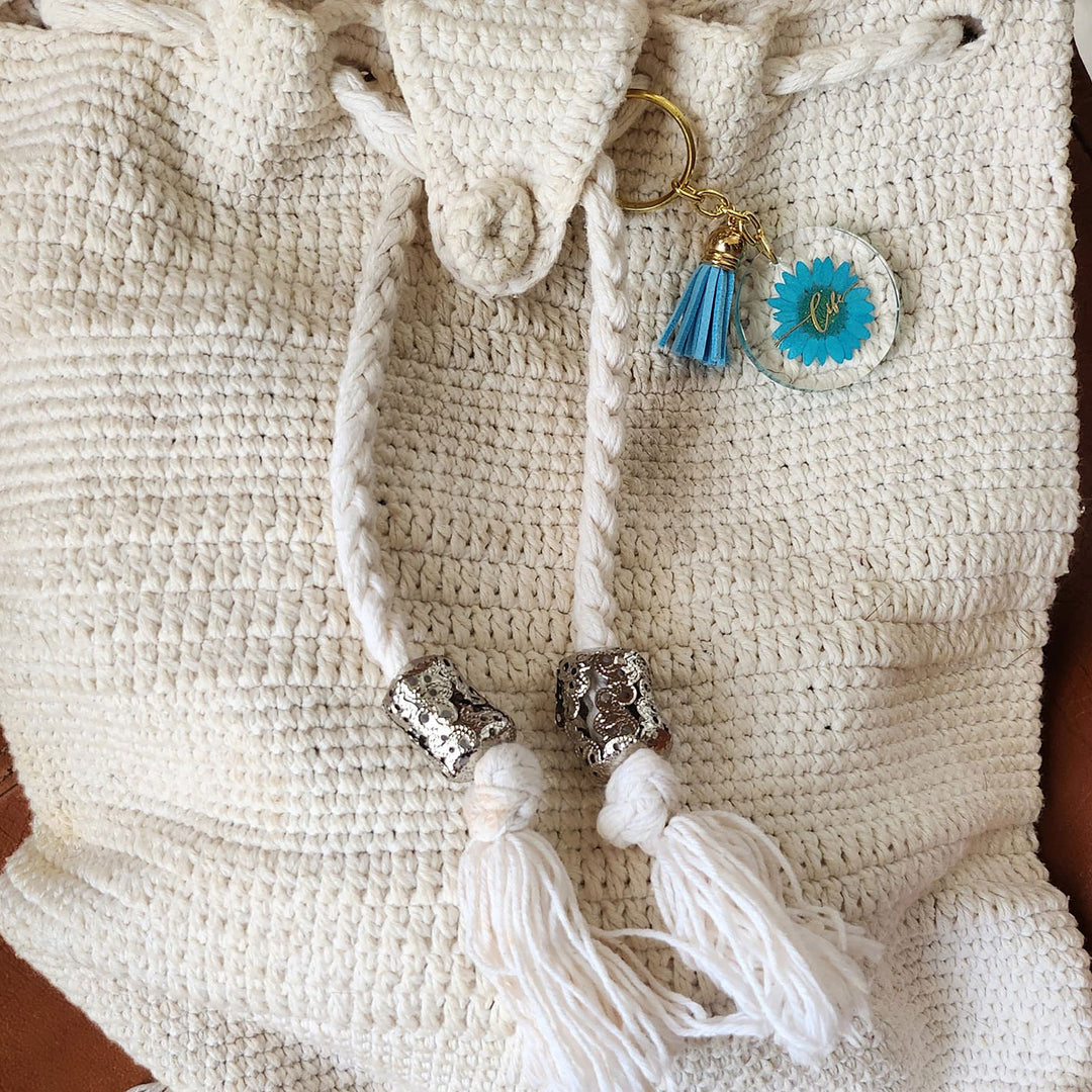 Handmade Pressed Flower Art Blue Resin Keychain