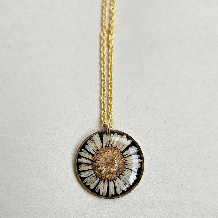 Handmade Pressed Flower Art White And Black Resin Necklace