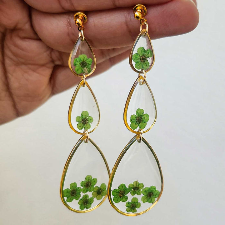 Handmade Pressed Flower Art Green Spring Resin Earrings