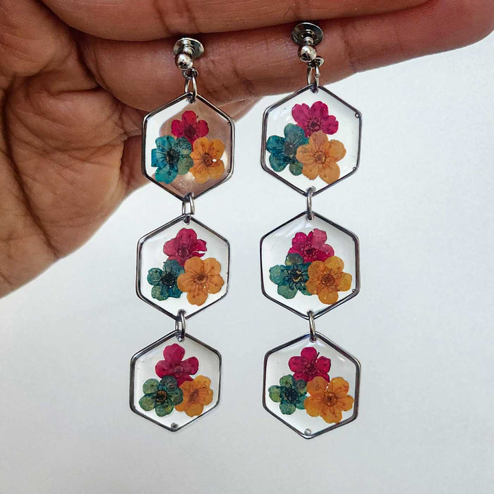 Handmade Pressed Flower Art Colourful Spring Resin Earrings