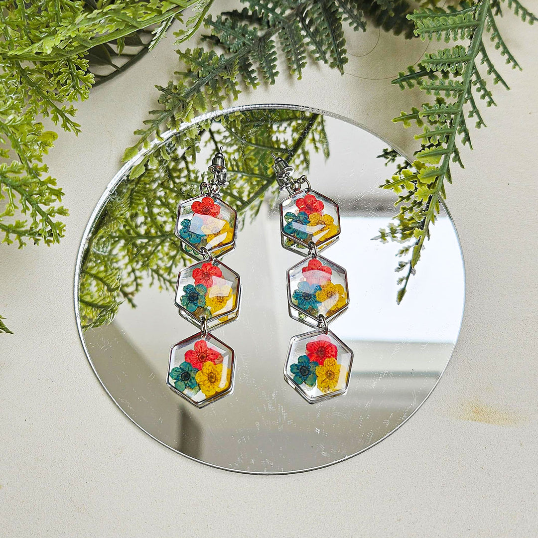 Handmade Pressed Flower Art Colourful Spring Resin Earrings