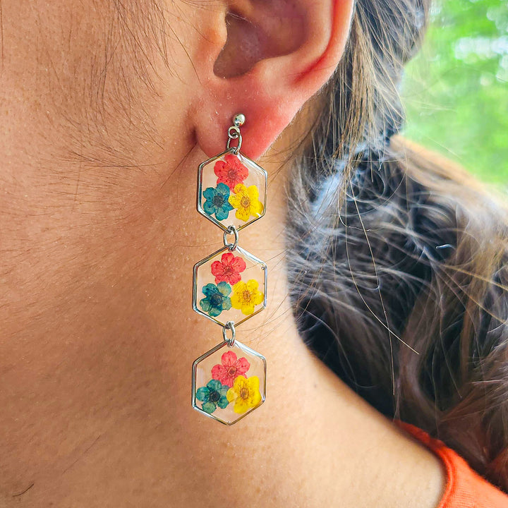 Handmade Pressed Flower Art Colourful Spring Resin Earrings