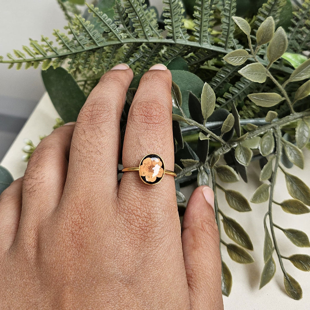 Handmade Pressed Flower Art Orange Black Resin Ring With Origami Ring Box