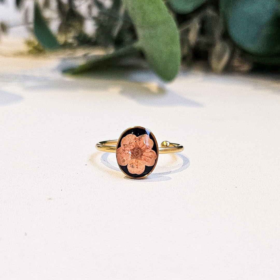 Handmade Pressed Flower Art Orange Black Resin Ring With Origami Ring Box