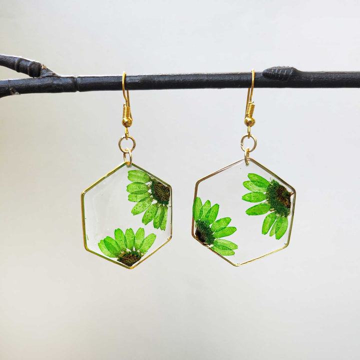 Handmade Pressed Flower Art Green Tropical Resin Earrings