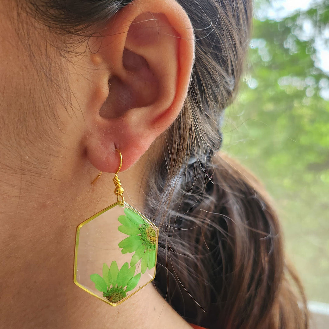 Handmade Pressed Flower Art Green Tropical Resin Earrings