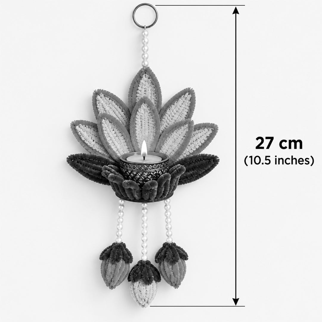 2 Pc | Handmade Pipe Cleaner Pink Lotus Wall Hanging With Tealight Holder, Pearl Strings & Lotus Buds For Festive Decor