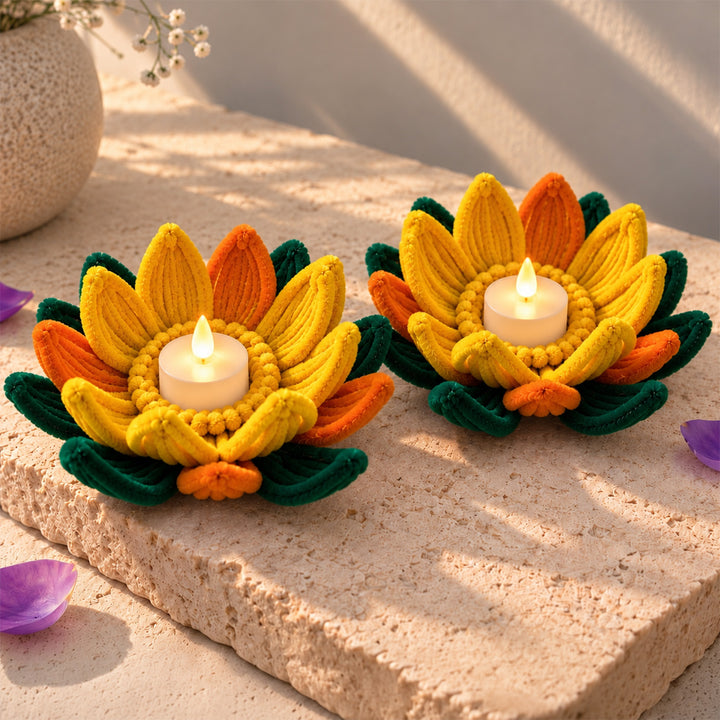 Set of 2 | Handcrafted Yellow-Orange Lotus Pipe Cleaner LED Tealight Holders