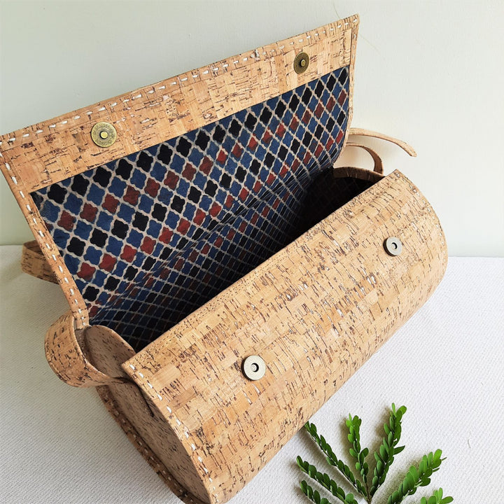 Upcycled Cork & Ajrakh Print Fabric Duffel Bag