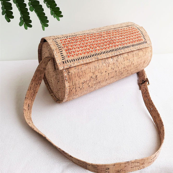 Upcycled Cork & Ajrakh Print Fabric Duffel Bag