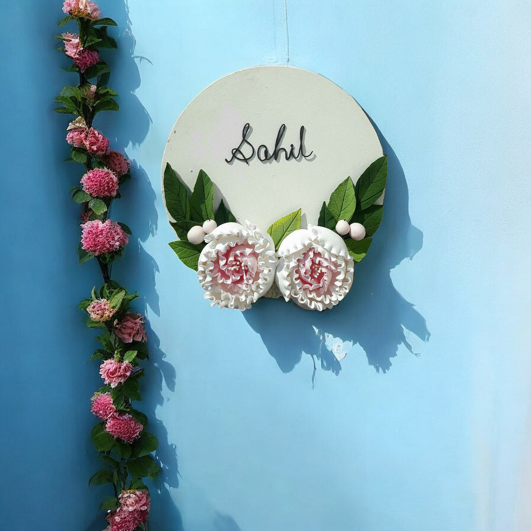 Personalized Round Floral Peony Theme Deco Clay Name Plate
