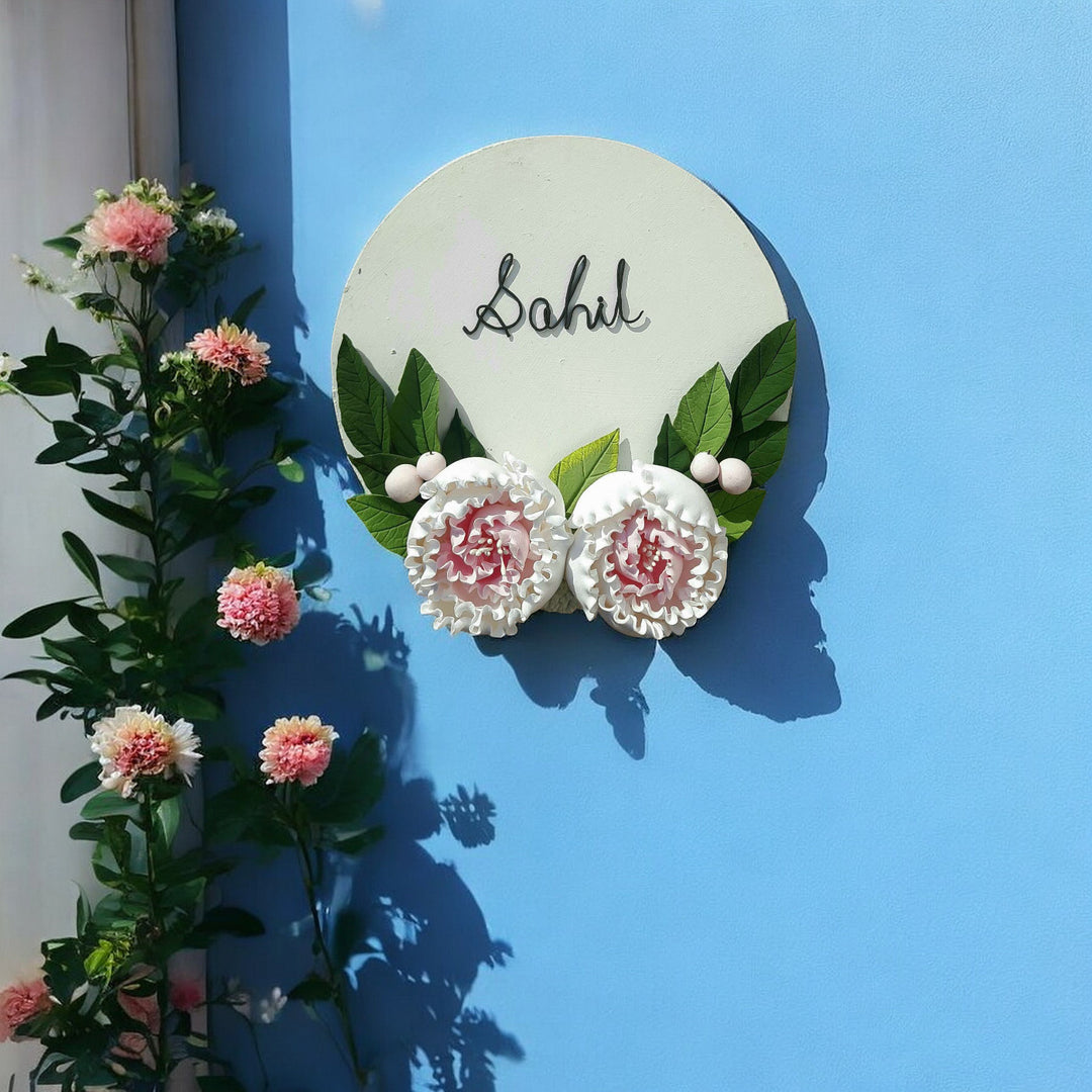 Personalized Round Floral Peony Theme Deco Clay Name Plate