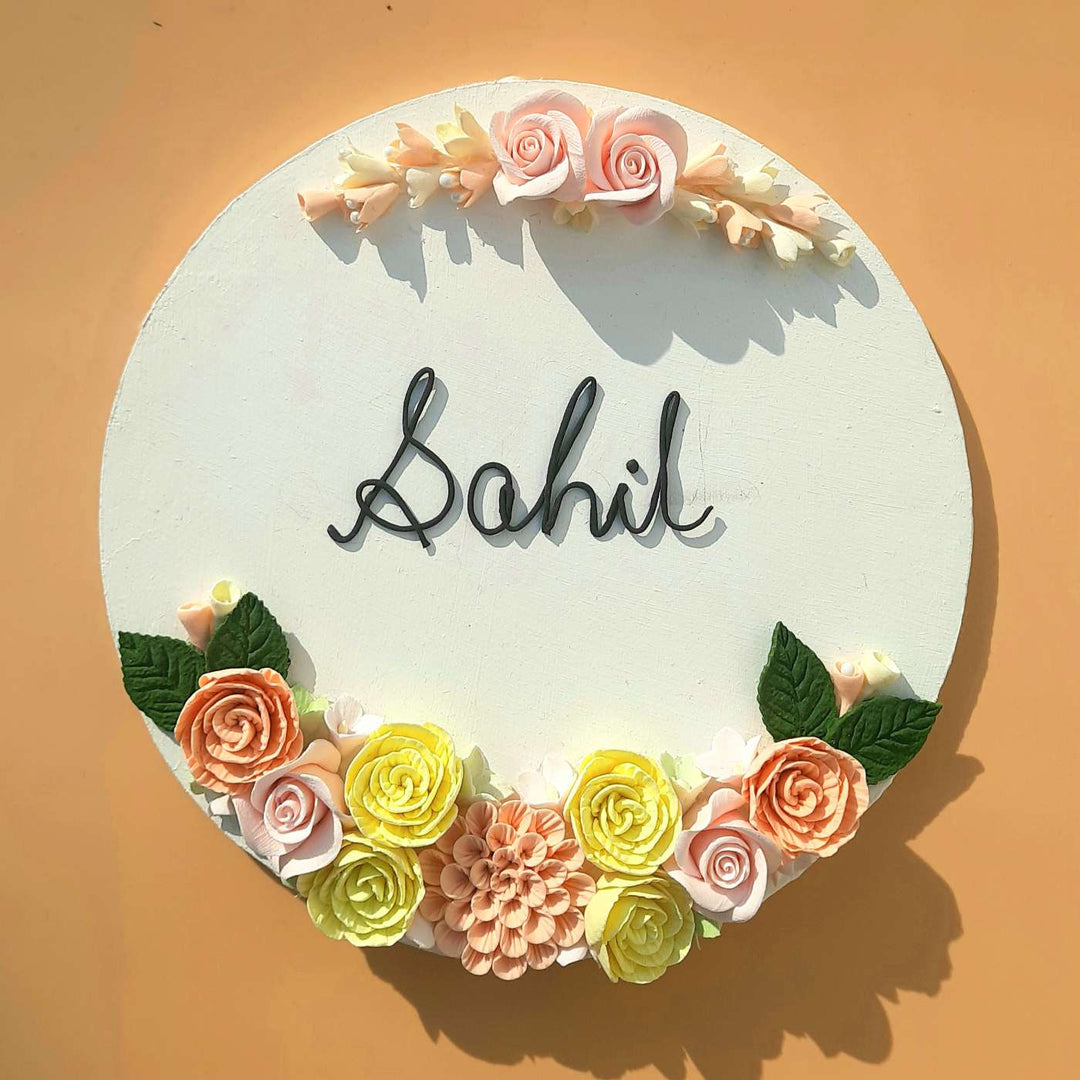 Personalized Round Floral Theme Deco Clay Name Plate