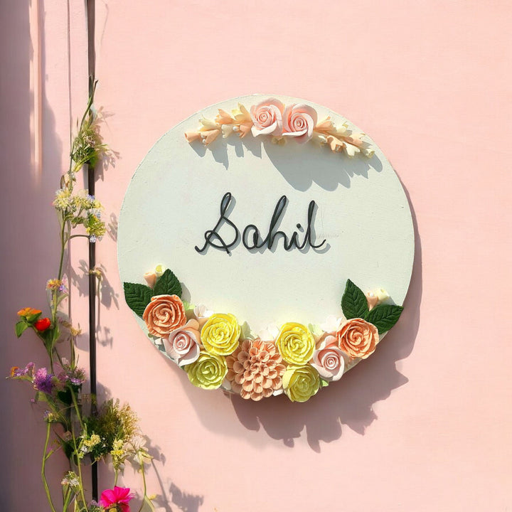 Personalized Round Floral Theme Deco Clay Name Plate