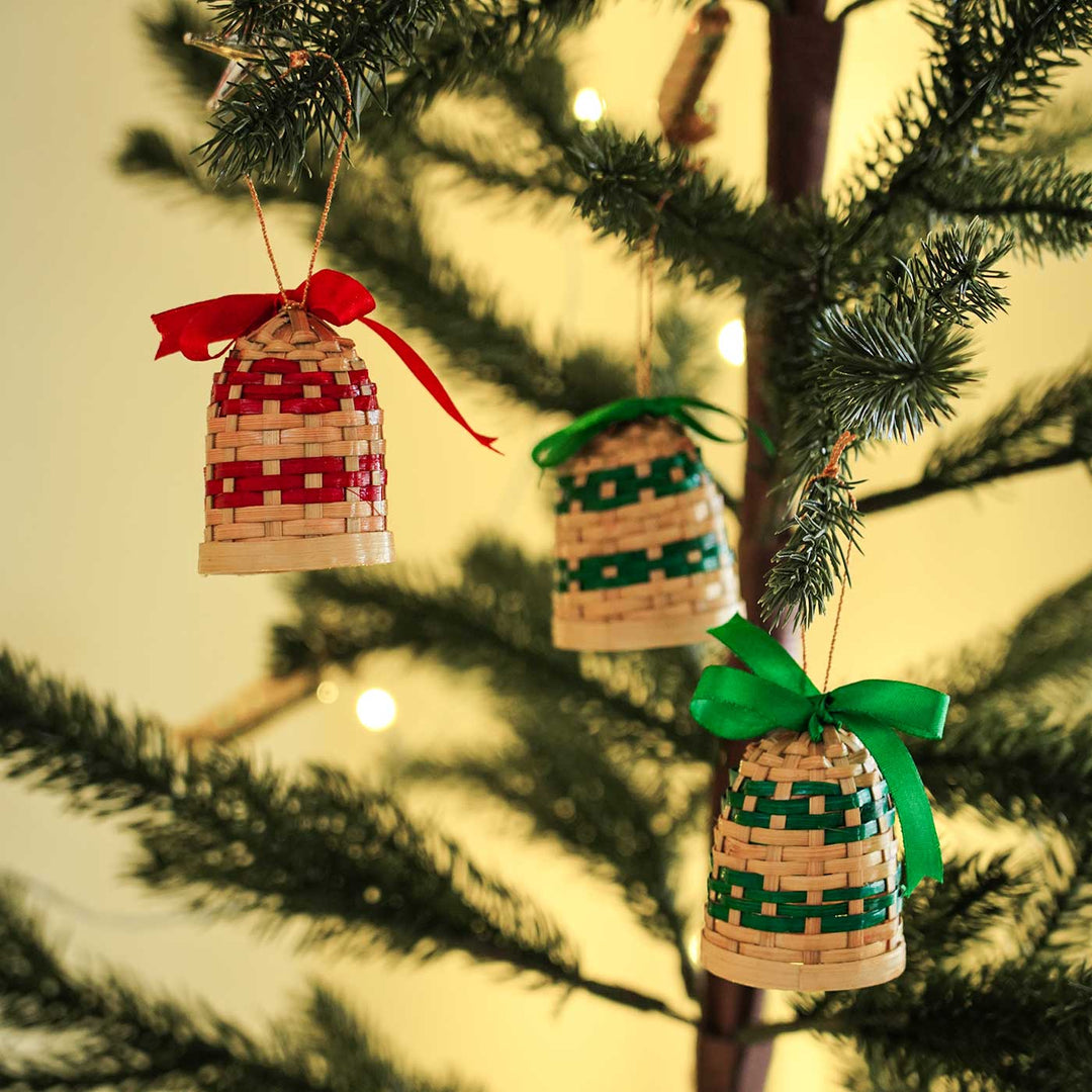 Handmade Red & Green Bamboo Ornaments For Christmas Tree Decoration | Set Of 10