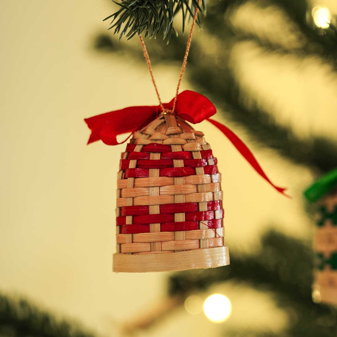 Handmade Red & Green Bamboo Ornaments For Christmas Tree Decoration | Set Of 10
