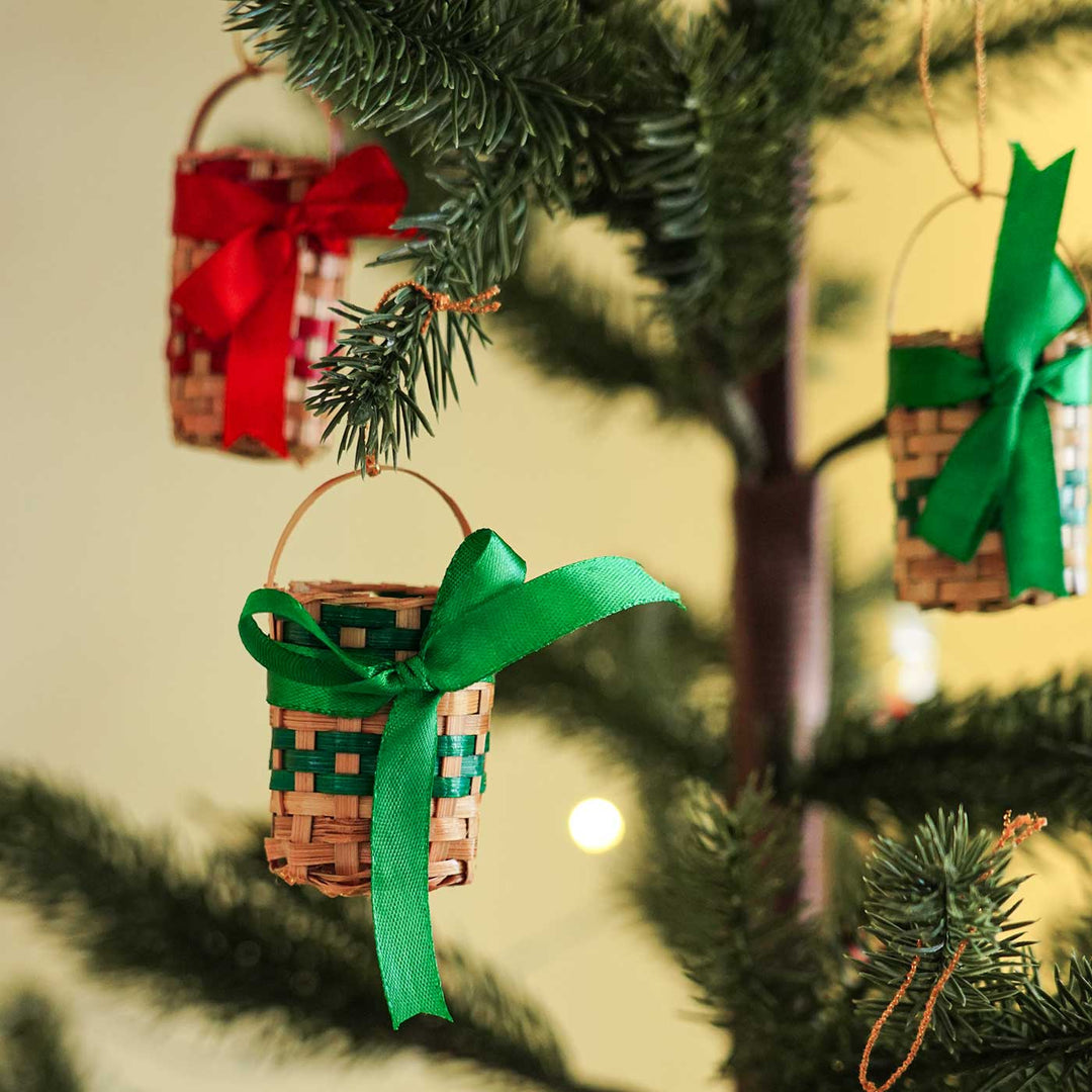 Handmade Red & Green Bamboo Ornaments For Christmas Tree Decoration | Set Of 10