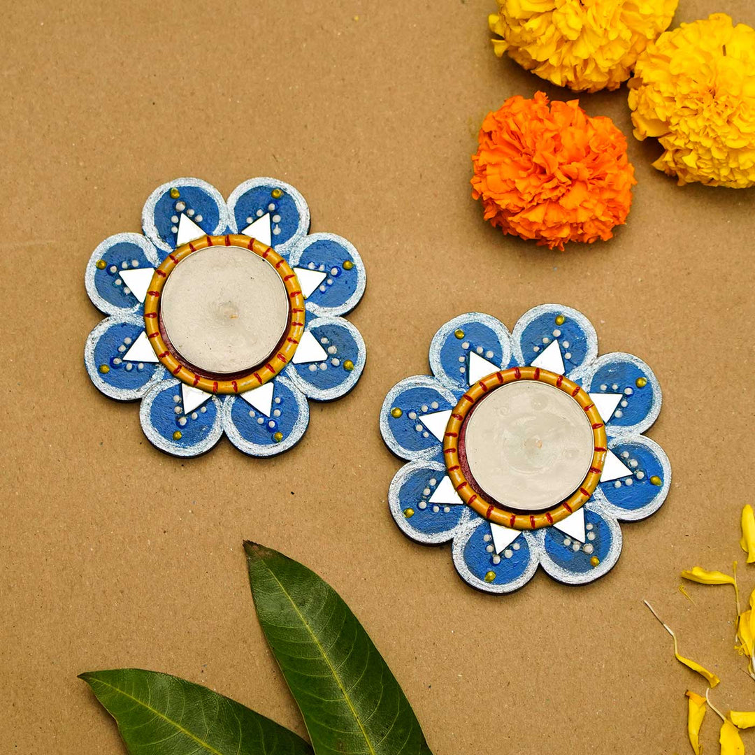 Handmade Blue 8 Petal Mdf Wood Tealight Holder | Set of 2