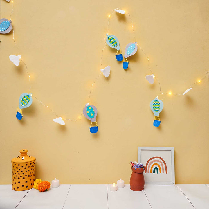 3m, 30 Bulbs | Handmade Blue & Grey Hot Air Balloon Felt LED Fairy Light For Kids