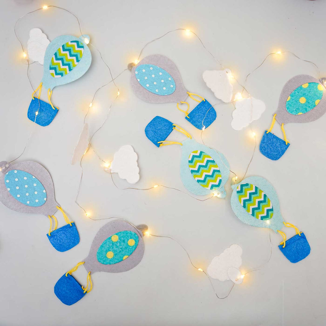 3m, 30 Bulbs | Handmade Blue & Grey Hot Air Balloon Felt LED Fairy Light For Kids