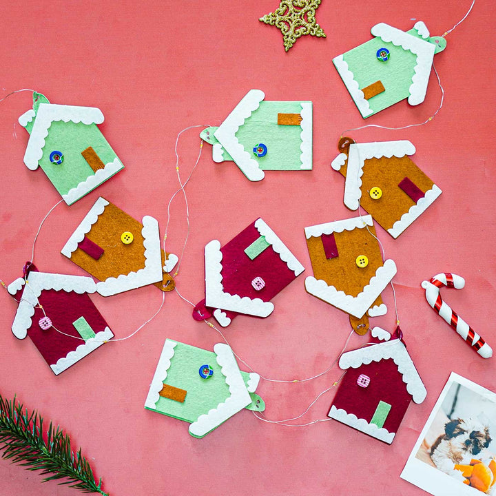 Handmade Candy House Fairy Lights With Felt Embellishments For Christmas Decoration