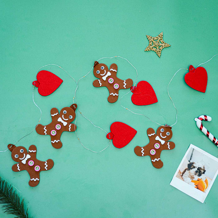 Handmade Cookie Man Fairy Lights With Felt Embellishments For Christmas Decoration
